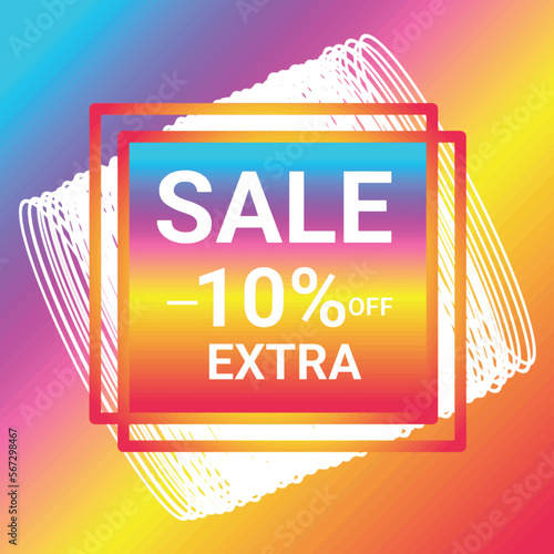 sale 10% off extra shop now sign holographic gradient over art white round bangles shapes on colorful gradient background Vector illustration