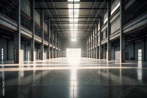 Large empty warehouse with columns and a window  Generative AI