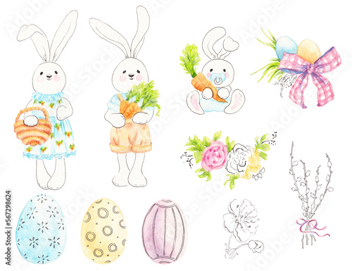 Big Easter rabbit Set cartoon watercolor elements - family of bunnies, eggs, willow bouquet and flowers. Collection of illustrations for spring, farm. PNG with transparent background, no shadow.