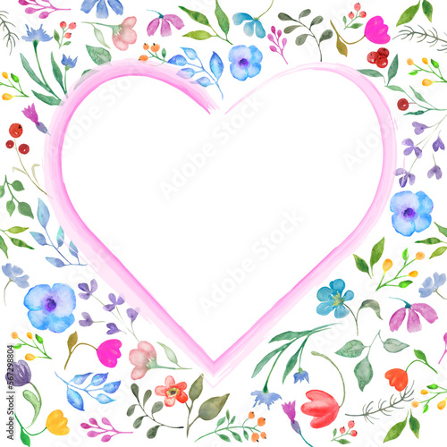 Watercolor flowers heart frame. Hand drawn floral illustration. Background for greeting cards, invitation.