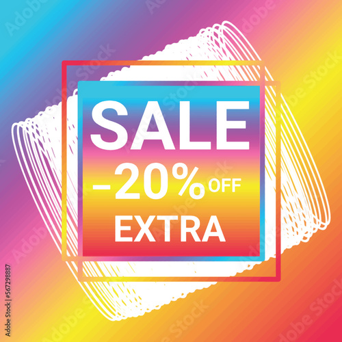 sale 20% off extra shop now sign holographic gradient over art white round bangles shapes on colorful gradient background vector illustration