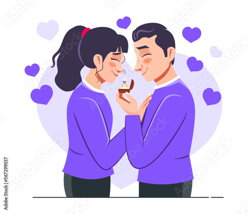 A man giving ring as a proposal on propose day, Couple in love relationship celebrate romantic holiday. Flat style vector Illustration scene isolated on white background for blogging, website. photo