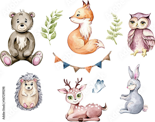 Woodland Forest Animals clipart. Cute little fox, rabbit, bear, hedgehog, owl, bear, deer, twigs, grass and butterfly. Watercolor illustration for baby shower invite