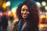 Cheerful black woman on street bokeh background. Generative AI