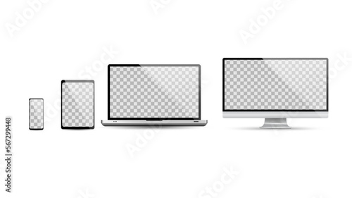 Realistic set of blank screens display monitor, laptop, tablet, smartphone, mockup vector illustration.