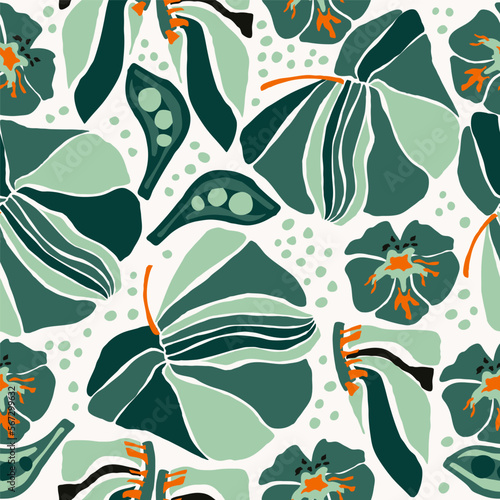 Nature, mystical forest, abstract plants, leaves.  Seamless pattern, green, orange colors. Hand drawn, vector