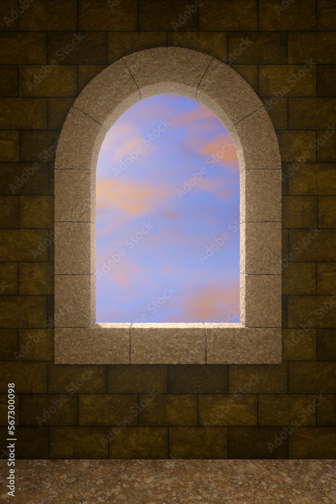 Backdrop of a window with a semicircular arch located on the wall of an old castle, palace, or medieval environment and a sky with soft twilight lighting on the background. 3D Rendering