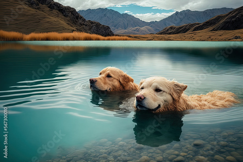 Two dogs swim in a beautiful lake in the mountains. Generative AI. photo