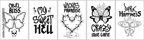 Black and white silhouette posters and prints. Barbed goth wire heart, butterfly, skull, fire. Mix of graffiti hand drawn and gothic typography. Y2K weird glamour psychedelic 1990s, 2000s graphic