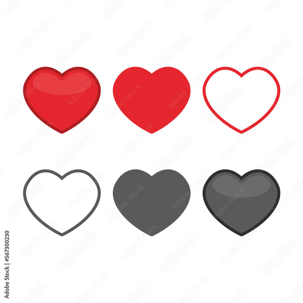 Vector set heart icon. Love symbol, love sign collection. Illustration of Different types and colors hearts. EPS 10. Vector set heart icon. Love symbol, love sign collection. Illustration of Different types and colors hearts. EPS 10.