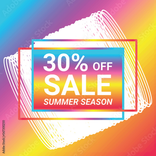 Shop now 30% percent off sale summer season sale sign holographic gradient over art white round bangles on colorful gradient background Vector illustration