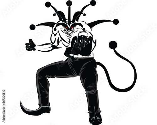 cartoon vector design of a burly creature or monster with red eyes and a scary smiling face with some horns and ornaments around its body and face and wearing black pointed shoes