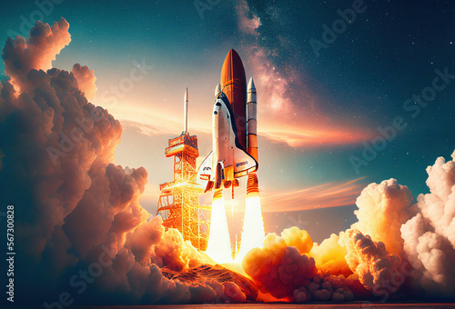Successful launch of a new space shuttle rocket with blast and smoke into space. The amazing spaceship with astronauts takes off in the starry sky photo