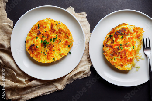 A juicy Spanish tortilla filled with potatoes & onions on a plate. Golden, crispy exterior, warm & tender interior. Garnished with parsley. A classic Spanish dish, must-try for food lovers