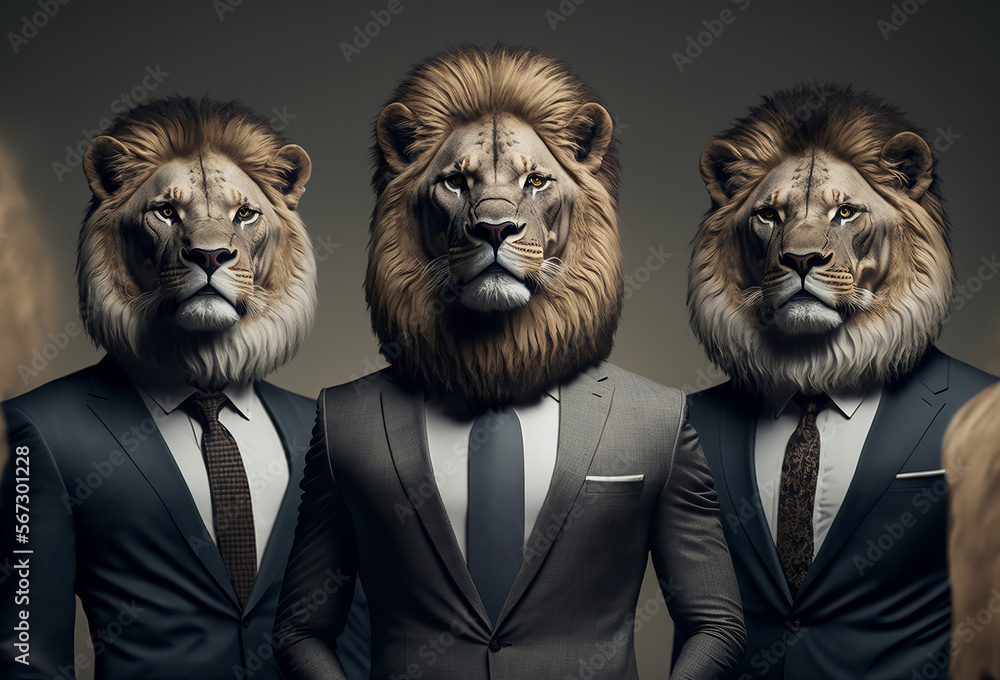 Business team portrait with lion heads. Teamwork and confidence. Generative ai