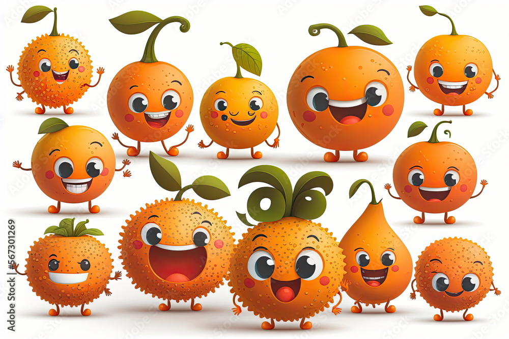 cartoon characters of fruit, happy and smile, cute fruit monsters, white background, vector illustration, Made by AI,Artificial intelligence