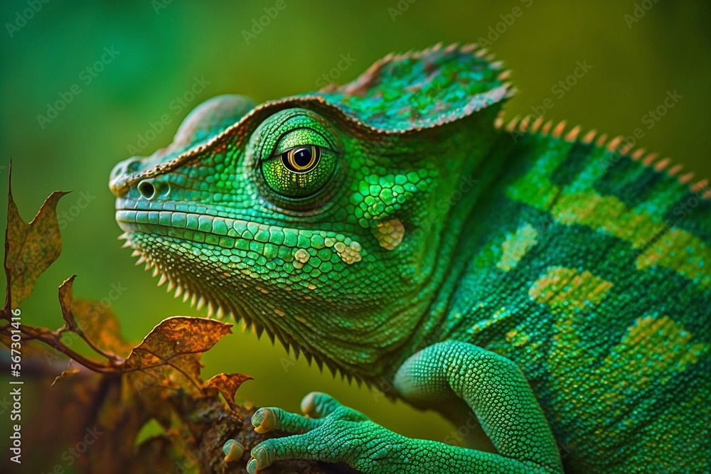 Obraz premium Green Chameleon with eye looking into the camera detailed skin, Generative Ai 
