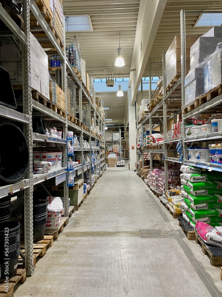 Building materials aisle in hardware store. Feldkirch, Austria, 2.02.2023.