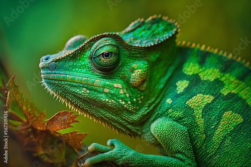 Green Chameleon with eye looking into the camera detailed skin, Generative Ai 