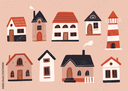 Cute houses, city buildings in Scandinavian style. Cosy town panorama with home exteriors, Scandi architecture. Urban street with chimneys, smoke. Flat vector illustration isolated on white background