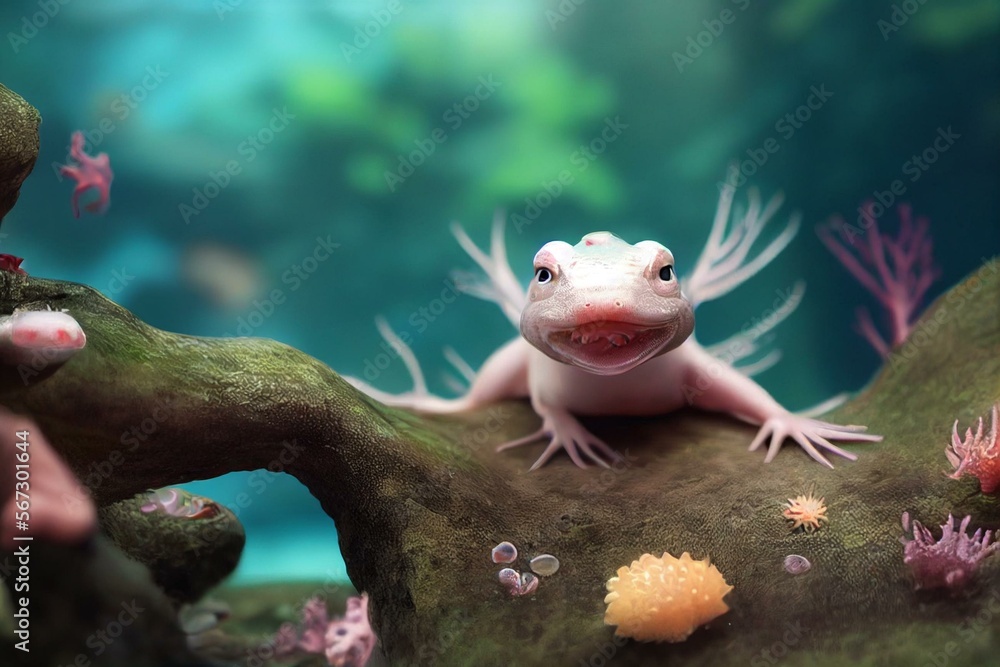 Cute smiling axolotl. Aquarium. Mexican ambistoma. Generative AI Stock