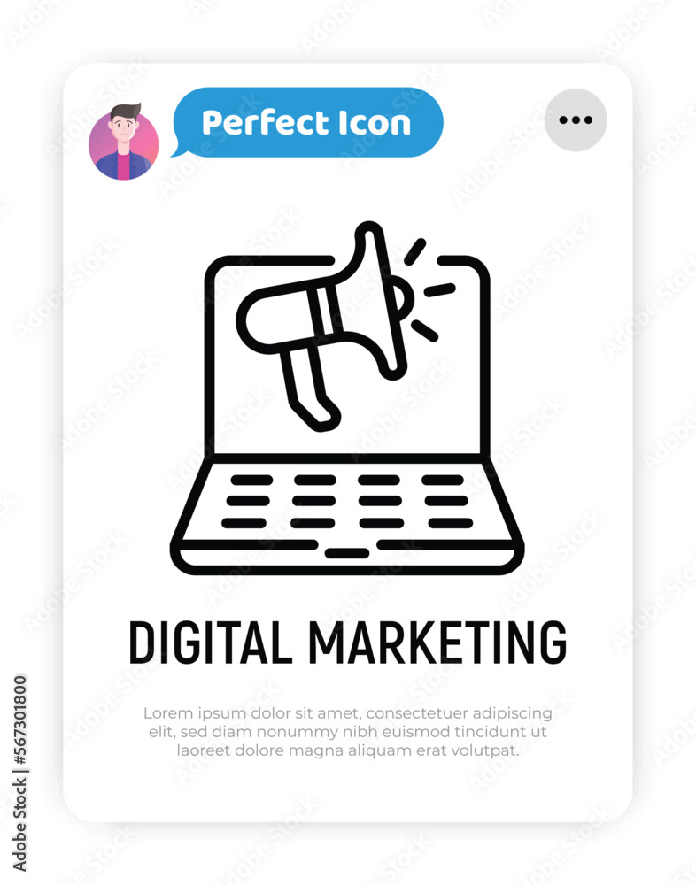 Digital marketing thin line icon. Open laptop with megaphone. Advertising in social media. Online strategy for promotion. Pixel perfect, editable stroke. Vector illustration. Digital marketing thin line icon. Open laptop with megaphone. Advertising in social media. Online strategy for promotion. Pixel perfect, editable stroke. Vector illustration.