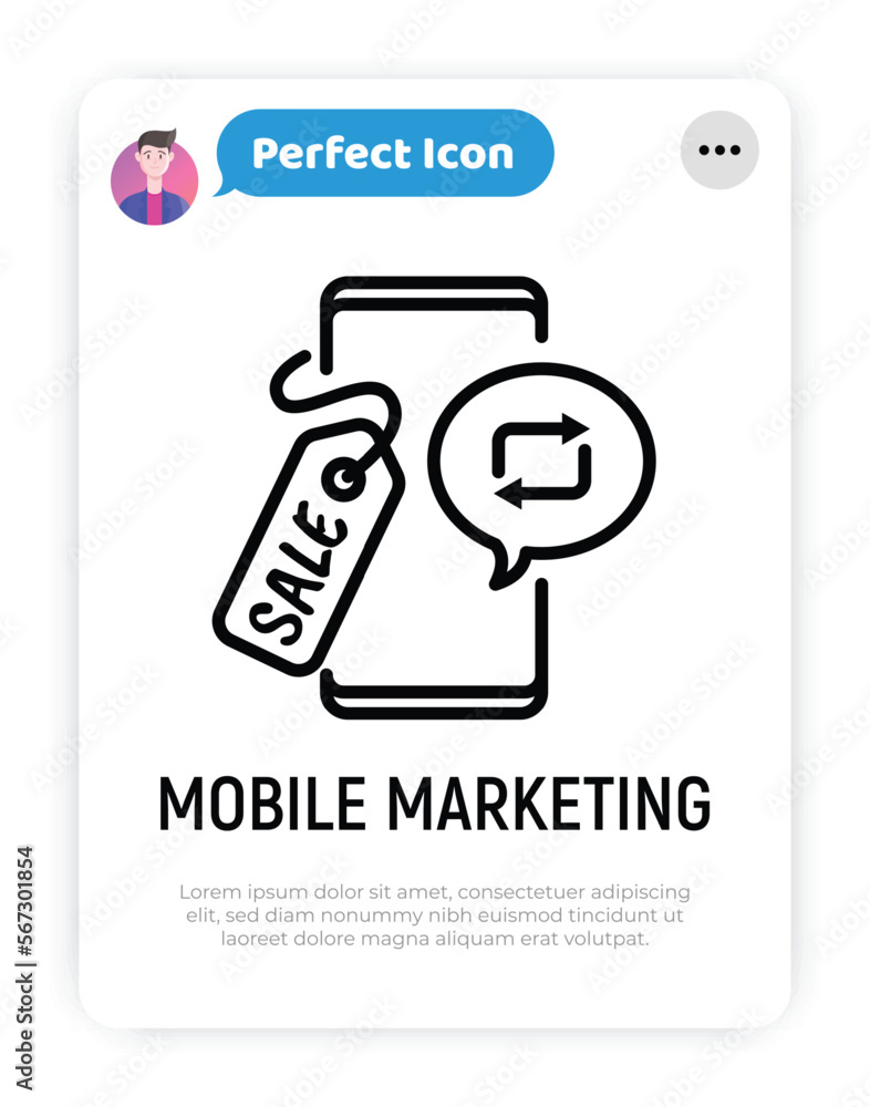 Mobile marketing, digital promotion, online advertising in blogs, repost. Thin line icon. Smartphone with sale tag. Vector illustration.