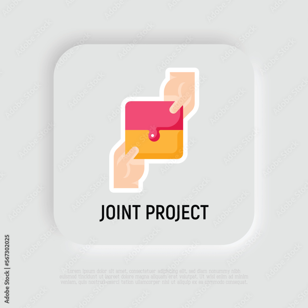 Joint project flat icon. Teamwork, business cooperation, collaboration. Two hands hold pieces of puzzle. Successful partnership. Modern vector illustration. Joint project flat icon. Teamwork, business cooperation, collaboration. Two hands hold pieces of puzzle. Successful partnership. Modern vector illustration.