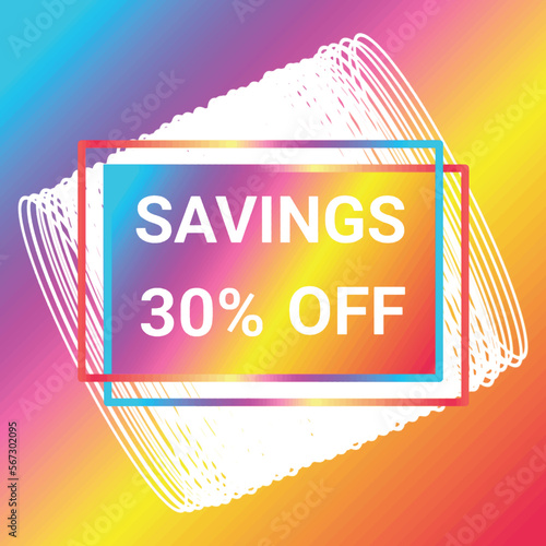 shop now sale savings 30 percent off sign holographic gradient over art white round bangles shapes on colorful gradient background Vector illustration