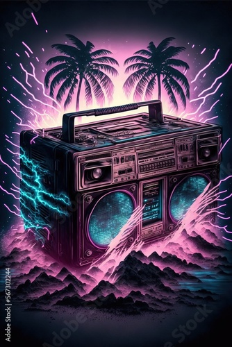 Abstract ghettoblaster, boombox retro vaporwave tropical design with raylights and palm trees. Generative AI photo