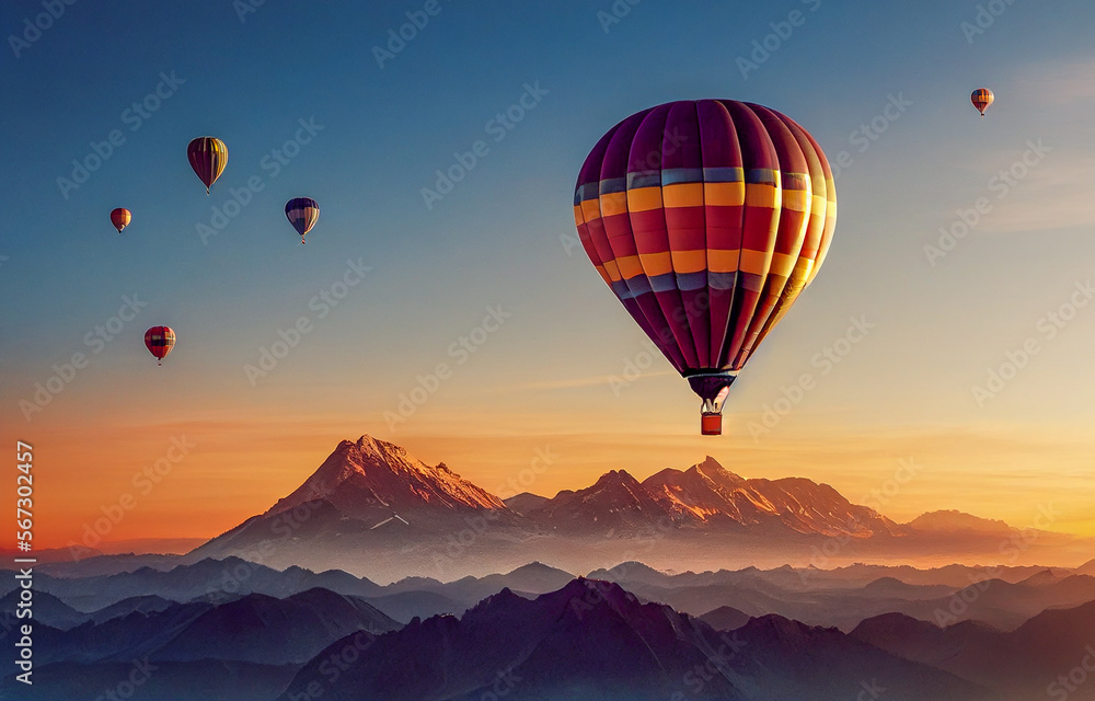 hot air balloon at sunset, Generative AI Art Illustration