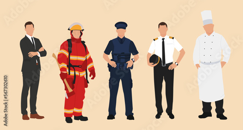 Collection of People from Various Careers and Professions. Set Occupation Icons People Businessman, Chef, Pilot, Firefighter, Police
