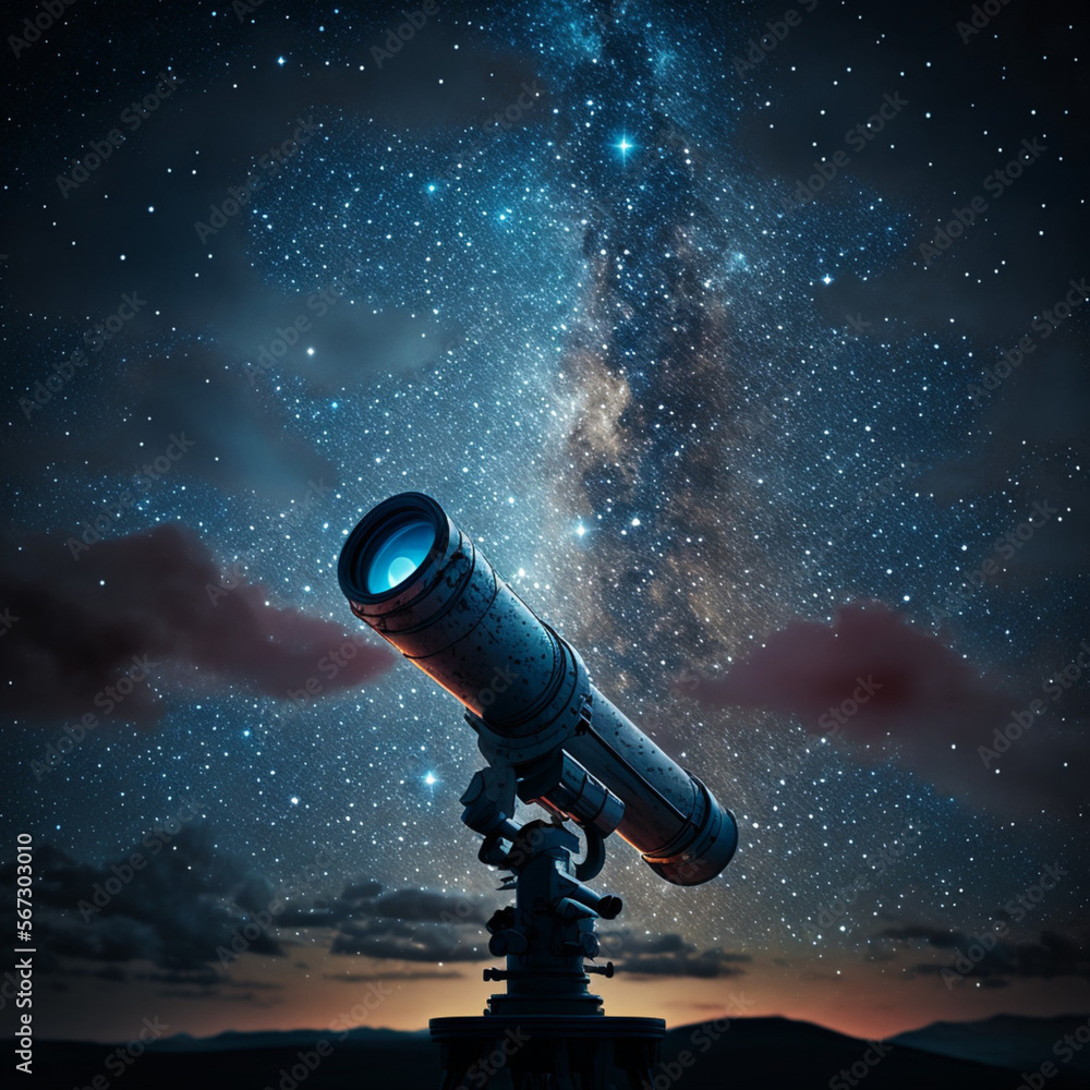 Telescope at night with a sky with many stars. Astronomy Concept. Generative AI. Telescope at night with a sky with many stars. Astronomy Concept. Generative AI.