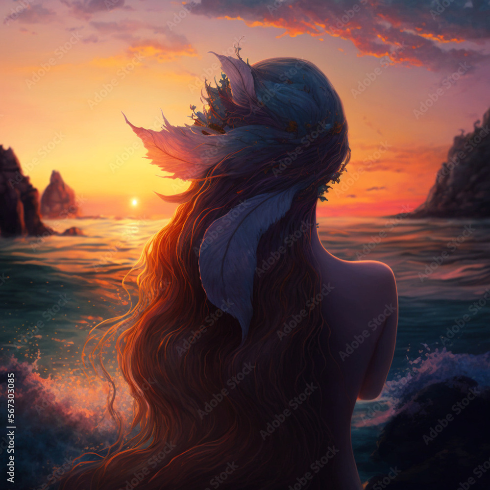 Back view of a mermaid in the sea during sunset. Generative AI.