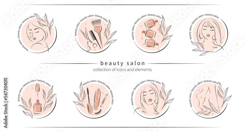 Big set of elements and icons for beauty salon. Nail polish, manicured female hands and legs, beautiful woman face, lipstick, eyelash extension, makeup, hairdressing. Vector illustrations