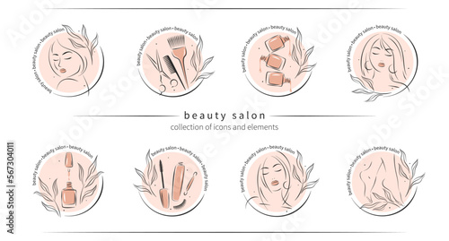 Big set of elements and icons for beauty salon. Nail polish,  manicured female hands and legs, beautiful woman face, lipstick, eyelash extension, makeup, hairdressing. Vector illustrations