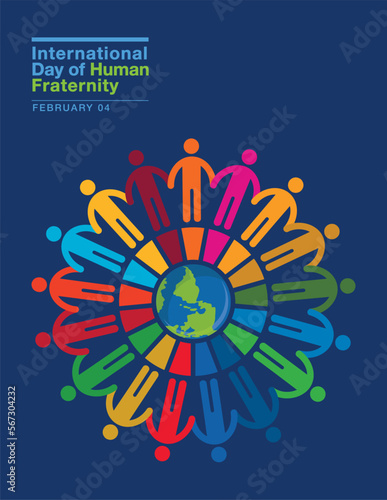 International Day of Human Fraternity. February 4. Logo design. Holiday concept. Human holding hand around the globe. sustainable development global goals.