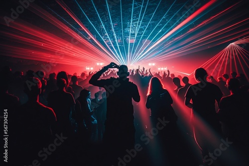 danseurs dans un club, ou rave party avec spectacle laser - illustration ia photo