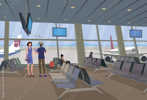 Family at the airport, in the terminal on the background of the aircraft. Vector.