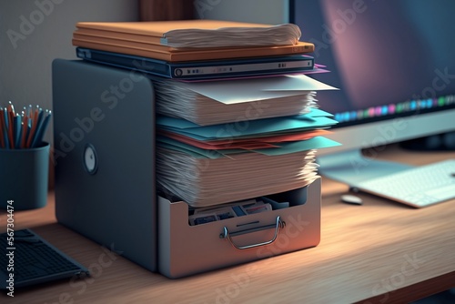 pile de dossiers en attente posés sur un bureau près d'un ordinateur - illustration ia photo
