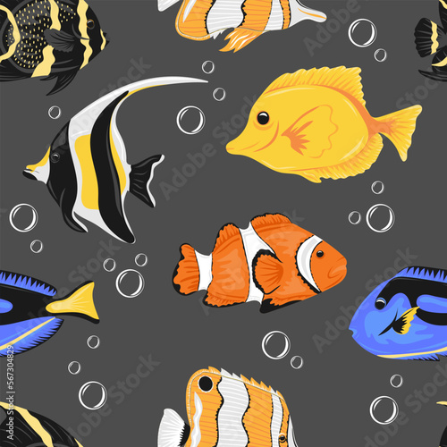 Seamless pattern with colorful oceanic fishes. Marine dwellers. Modern print for fabric, textiles, wrapping paper. Vector illustration