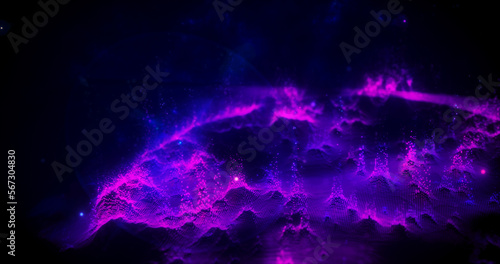 Fototapeta Naklejka Na Ścianę i Meble -  Abstract purple futuristic landscape of particles and dots of energetic magic with glow and blur effect, abstract background