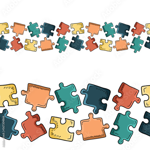 Seamless border with pastel colors jigsaw puzzles in blue, orange, red, yellow on white background. Hand drawn vector sketch illustration in engraving doodle outline vintage line art style. Autism.