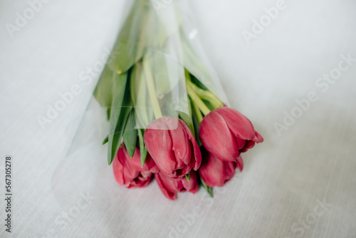 red tulips on wooden background