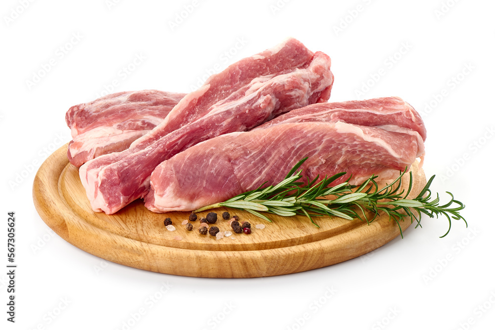 Pork fillet tenderloin with rosemary, raw meat, close-up, isolated on white background. Pork fillet tenderloin with rosemary, raw meat, close-up, isolated on white background.