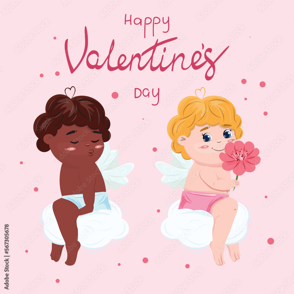 Black and white cupid characters on the cloud. Cartoon vector illustration. Black and white cupid characters on the cloud. Cartoon vector illustration.