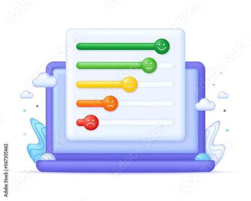 3D Feedback emotion scale on Computer. Reviews with good and bad rating. Feedback in the form of emotions.