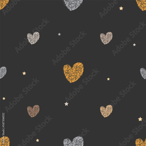 Seamless pattern with hand-drawn spotted hearts on dark grey background in boho style. Vector illustration, pastel palette.