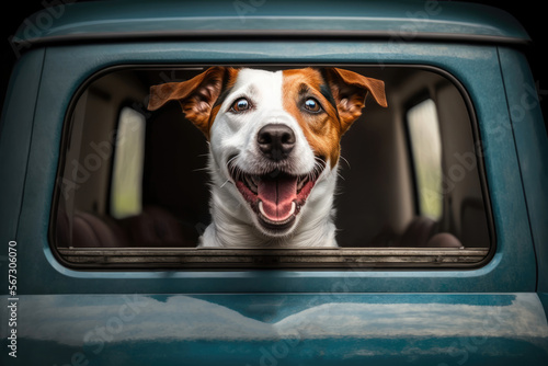 portrait of a dog looking out of a rear window of a car