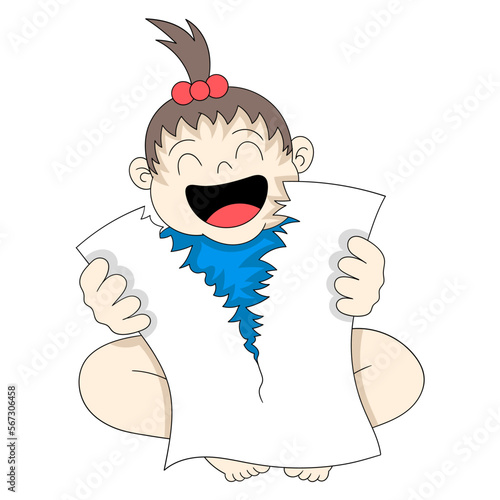 baby girl is doing creative activity tearing paper happily